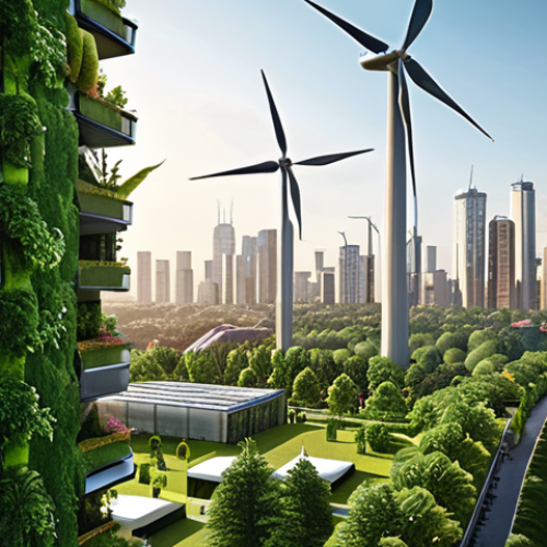 **

A vibrant cityscape integrating green spaces (parks, vertical gardens) with modern buildings. Wind turbines are subtly incorporated into the skyline. Focus on showcasing sustainable development.

**