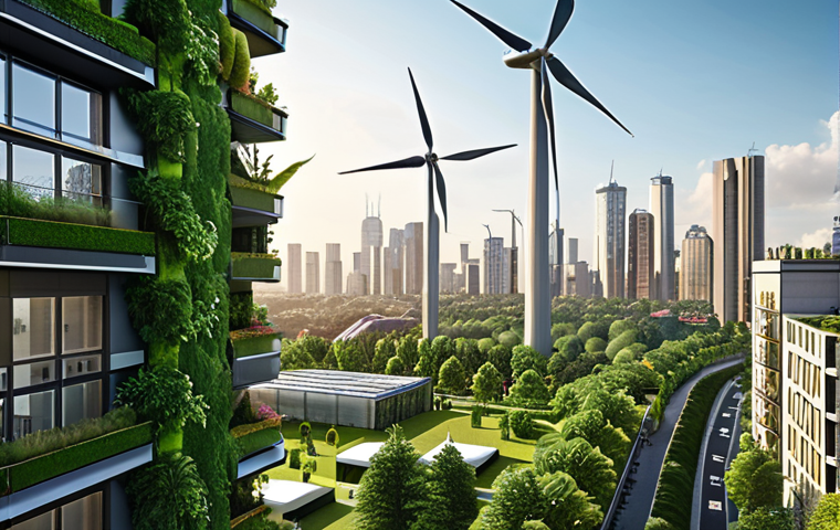 **

A vibrant cityscape integrating green spaces (parks, vertical gardens) with modern buildings. Wind turbines are subtly incorporated into the skyline. Focus on showcasing sustainable development.

**