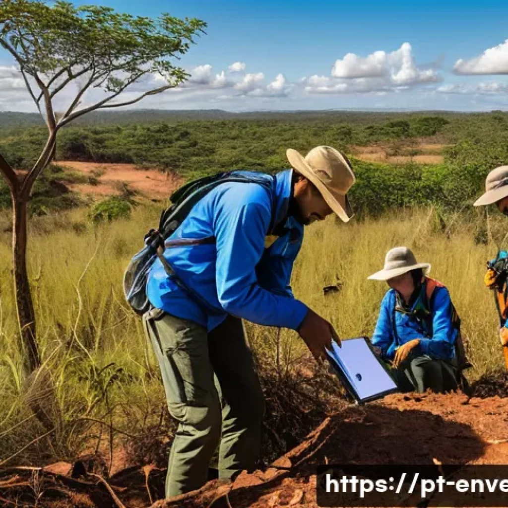 환경영향평가와 인허가 절차 - A detailed illustration of an environmental impact assessment team conducting a field survey in a Br...