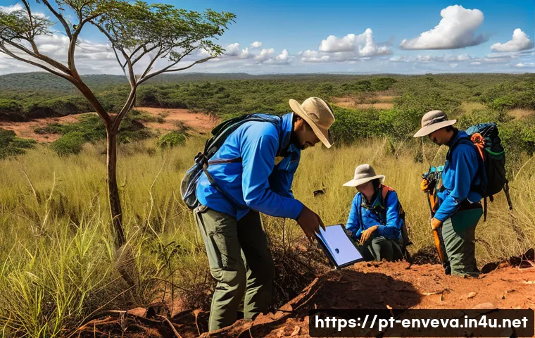 환경영향평가와 인허가 절차 - A detailed illustration of an environmental impact assessment team conducting a field survey in a Br...
