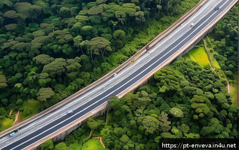 환경영향평가와 지속 가능성 계획 - A detailed aerial view of a large-scale infrastructure project in Brazil, such as a highway construc...